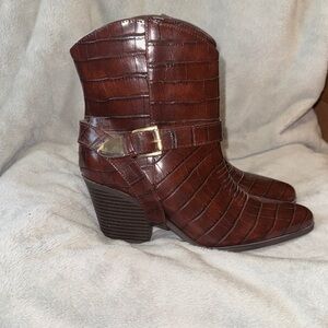 JustFab Croc-Embossed Heeled Boots in Rich Brown